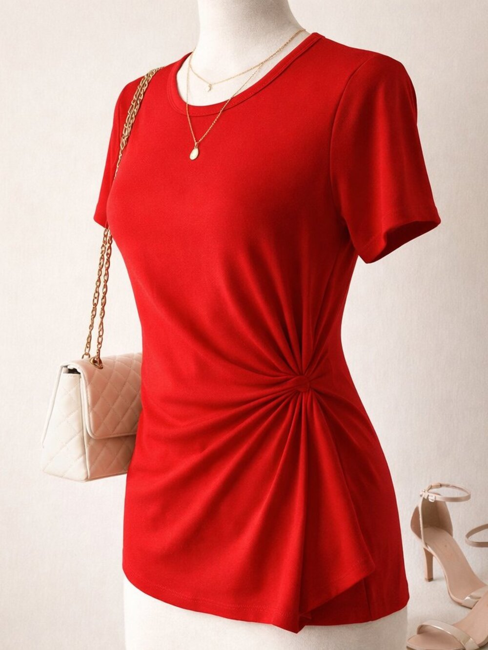 NWOT Red Ruched Side Top Twist Waist Fitted Stretch blouse Small